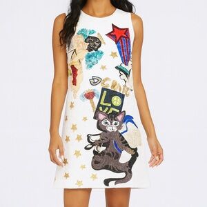 White Brocade Graphic Cat Design Dress